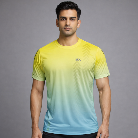 Neon Yellow to Sky Blue Gradient Performance T-Shirt for Men