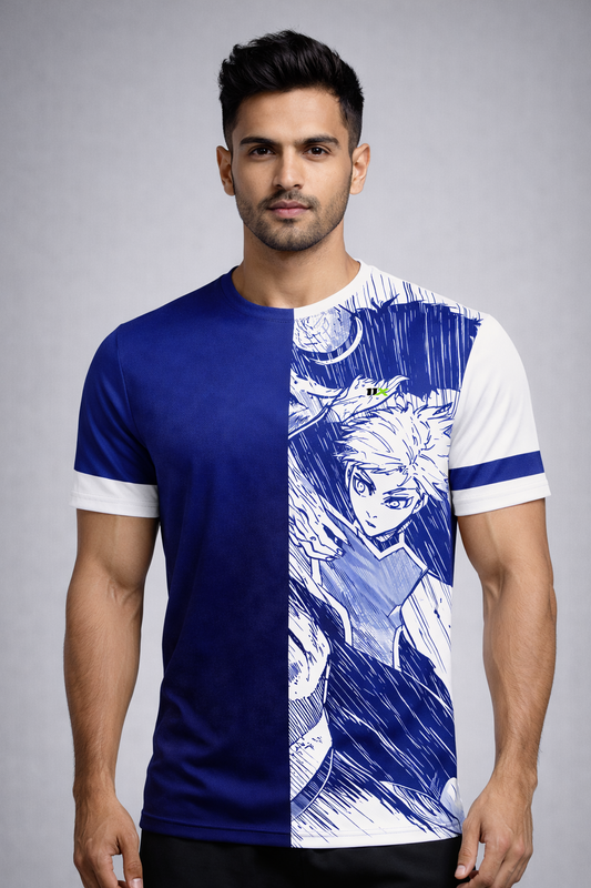 Blue & White Graphic Round Neck Activewear T-Shirt for Men