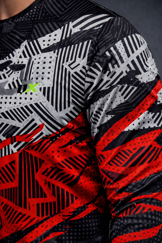 Black & Red Geometric Performance Round Neck Full Sleeve Activewear T-Shirt for Men