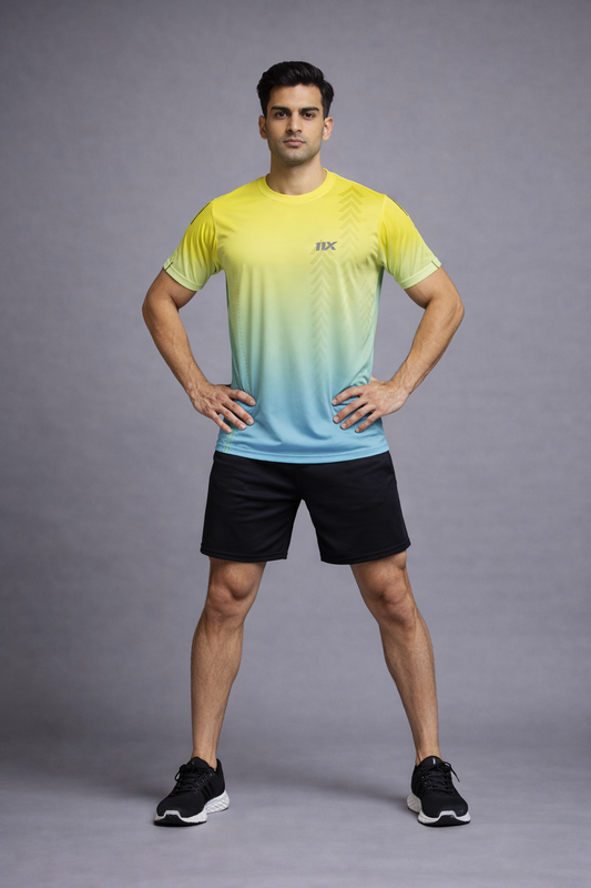 Neon Yellow to Sky Blue Gradient Performance T-Shirt for Men