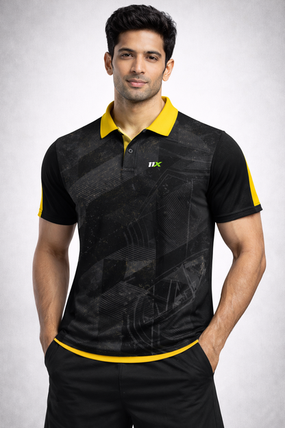 Men's Performance Polo T-Shirt – Black & Neon Yellow Breathable Sports Collar Activewear